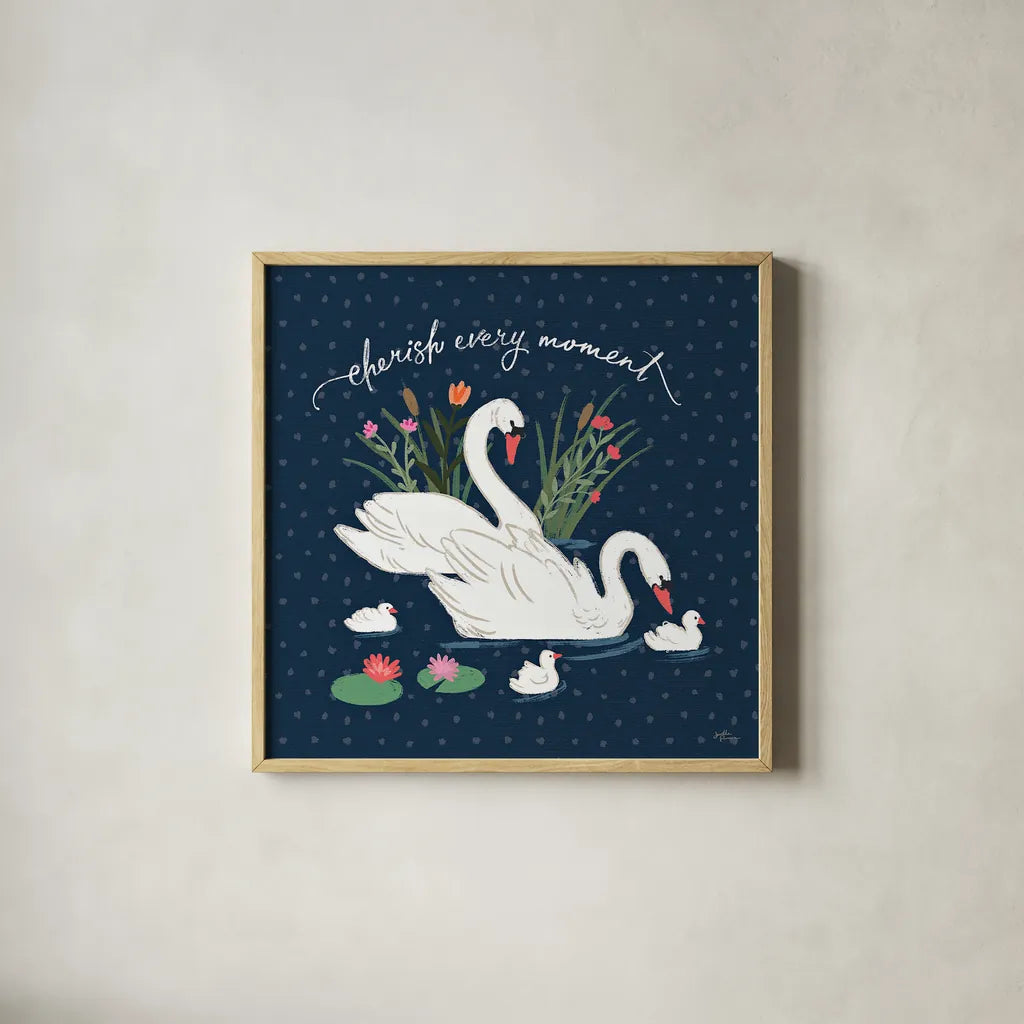Swan Lake IV by Janelle Penner. Shown in a natural wood glass frame for a timeless modern aesthetic. Available as an archival giclee rolled canvas, fine art paper, or poster print. SKU 39231a.