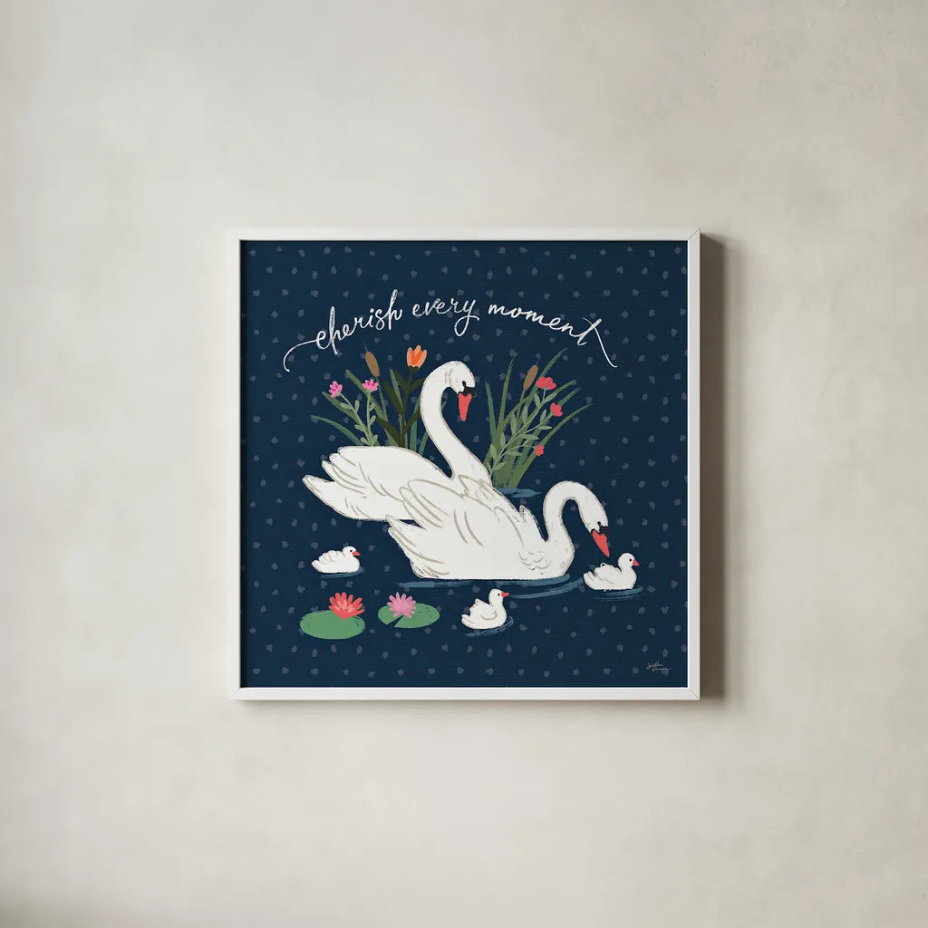 Swan Lake IV by Janelle Penner. Shown in a crisp white glass frame for a clean and minimalist style. Available as an archival giclee rolled canvas, fine art paper, or poster print. SKU 39231a.