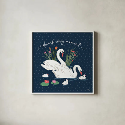 Swan Lake IV by Janelle Penner. Shown in a crisp white glass frame for a clean and minimalist style. Available as an archival giclee rolled canvas, fine art paper, or poster print. SKU 39231a.