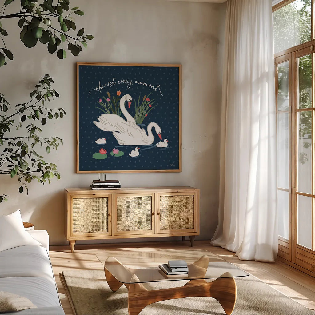 Swan Lake IV by Janelle Penner. Shown in a natural wood frame in a cozy modern living room. Available as an archival giclee rolled canvas, fine art paper, or poster print. SKU 39231a.
