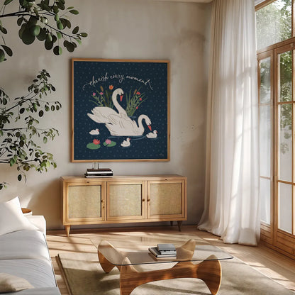 Swan Lake IV by Janelle Penner. Shown in a natural wood frame in a cozy modern living room. Available as an archival giclee rolled canvas, fine art paper, or poster print. SKU 39231a.