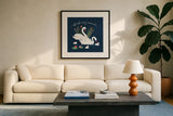 Swan Lake IV by Janelle Penner. Displayed in a glass frame with matte in a clean modern living room. Available as an archival giclee rolled canvas, fine art paper, or poster print. SKU 39231a.