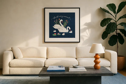 Swan Lake IV by Janelle Penner. Displayed in a glass frame with matte in a clean modern living room. Available as an archival giclee rolled canvas, fine art paper, or poster print. SKU 39231a.