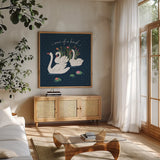 Swan Lake V by Janelle Penner. Shown in a natural wood frame in a cozy modern living room. Available as an archival giclee rolled canvas, fine art paper, or poster print. SKU 39232a.