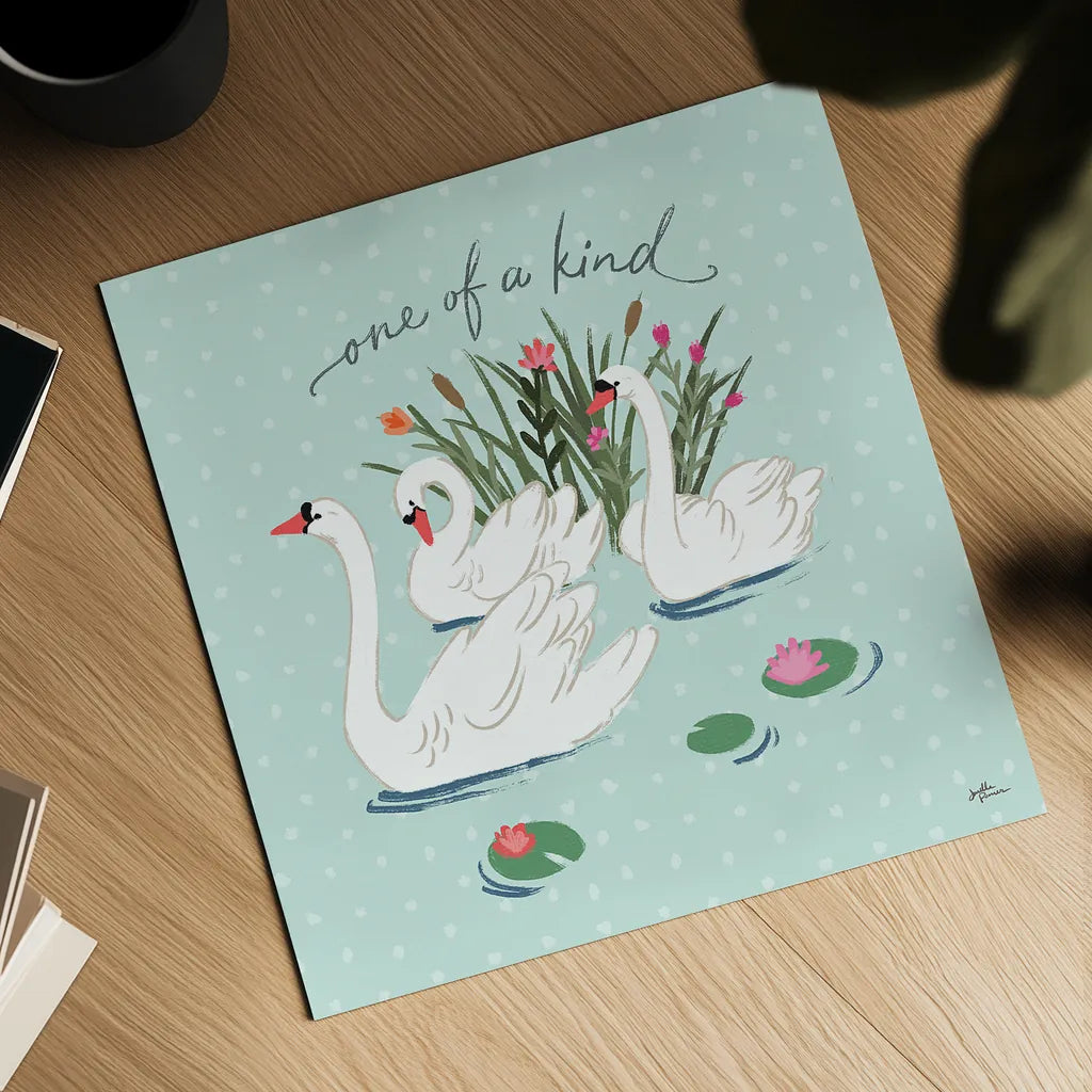 Swan Lake V Mint by Janelle Penner. Shown as a detailed flat fine art print, highlighting archival giclee quality. Available as an archival giclee rolled canvas, fine art paper, or poster print. SKU 39239a.