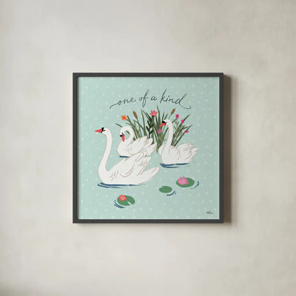 Swan Lake V Mint by Janelle Penner. Shown in a sleek black glass frame for a contemporary gallery look. Available as an archival giclee rolled canvas, fine art paper, or poster print. SKU 39239a.