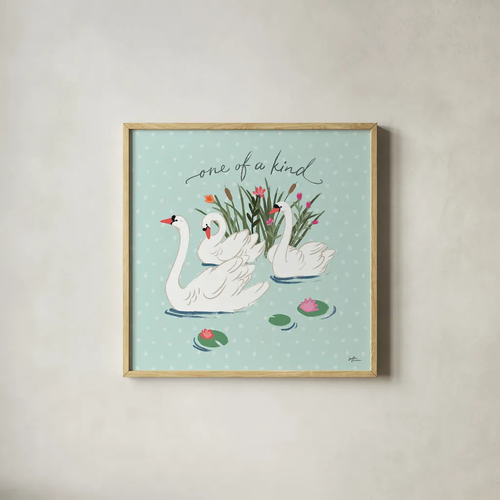 Swan Lake V Mint by Janelle Penner. Shown in a natural wood glass frame for a timeless modern aesthetic. Available as an archival giclee rolled canvas, fine art paper, or poster print. SKU 39239a.