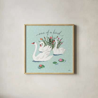 Swan Lake V Mint by Janelle Penner. Shown in a natural wood glass frame for a timeless modern aesthetic. Available as an archival giclee rolled canvas, fine art paper, or poster print. SKU 39239a.