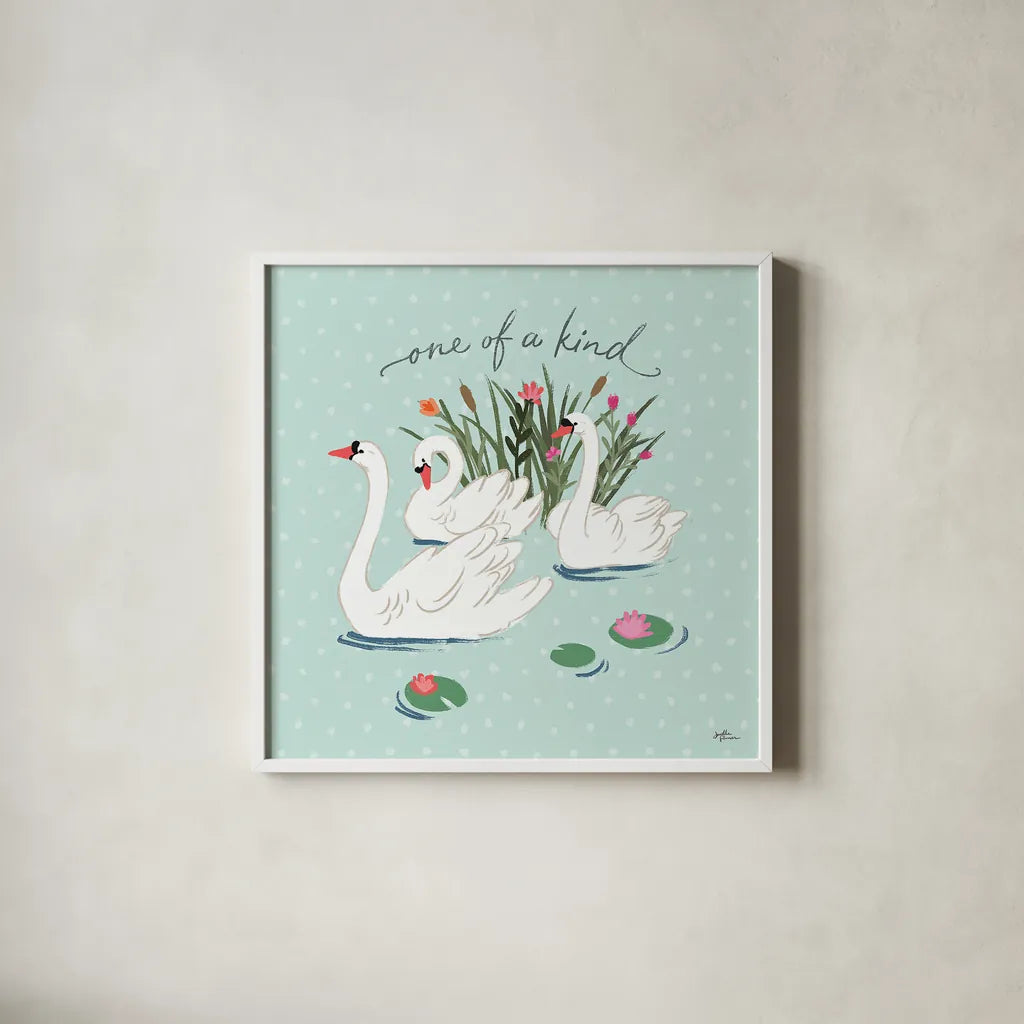 Swan Lake V Mint by Janelle Penner. Shown in a crisp white glass frame for a clean and minimalist style. Available as an archival giclee rolled canvas, fine art paper, or poster print. SKU 39239a.