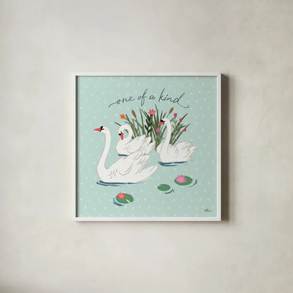 Swan Lake V Mint by Janelle Penner. Shown in a crisp white glass frame for a clean and minimalist style. Available as an archival giclee rolled canvas, fine art paper, or poster print. SKU 39239a.