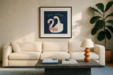 Swan Lake VI by Janelle Penner. Displayed in a glass frame with matte in a clean modern living room. Available as an archival giclee rolled canvas, fine art paper, or poster print. SKU 39233a.