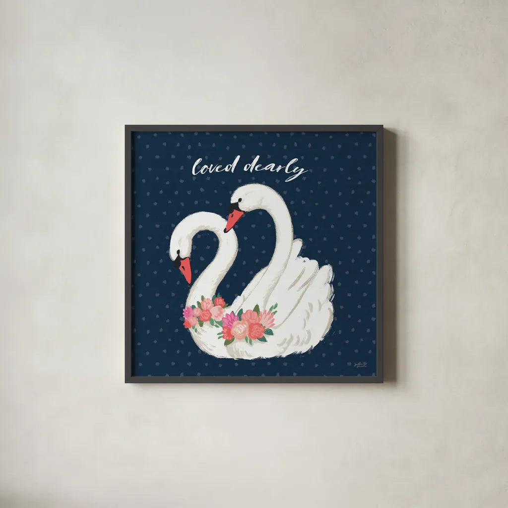 Swan Lake VI Loved by Janelle Penner. Shown in a sleek black glass frame for a contemporary gallery look. Available as an archival giclee rolled canvas, fine art paper, or poster print. SKU 52515a.