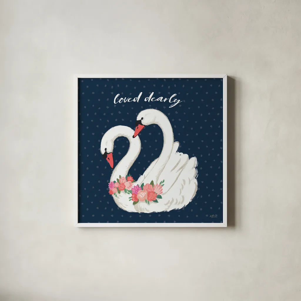 Swan Lake VI Loved by Janelle Penner. Shown in a crisp white glass frame for a clean and minimalist style. Available as an archival giclee rolled canvas, fine art paper, or poster print. SKU 52515a.