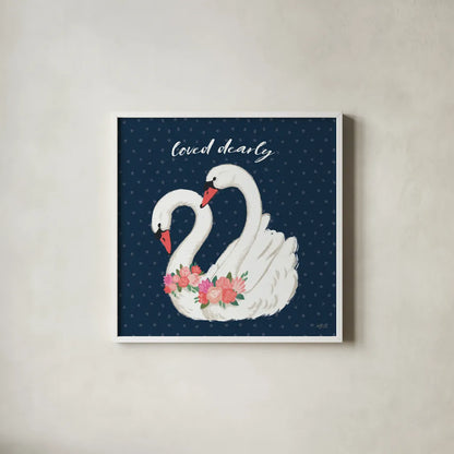 Swan Lake VI Loved by Janelle Penner. Shown in a crisp white glass frame for a clean and minimalist style. Available as an archival giclee rolled canvas, fine art paper, or poster print. SKU 52515a.