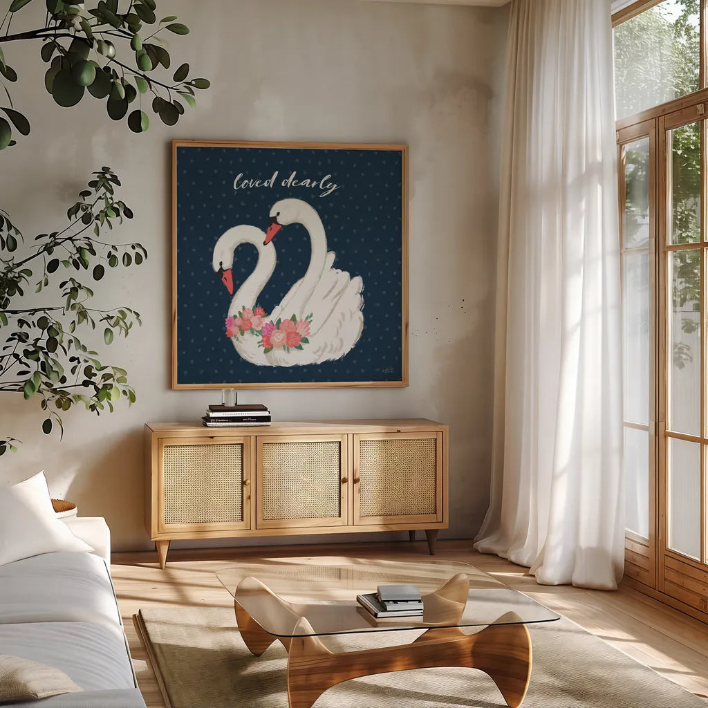 Swan Lake VI Loved by Janelle Penner. Shown in a natural wood frame in a cozy modern living room. Available as an archival giclee rolled canvas, fine art paper, or poster print. SKU 52515a.