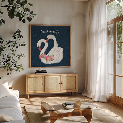 Swan Lake VI Loved by Janelle Penner. Shown in a natural wood frame in a cozy modern living room. Available as an archival giclee rolled canvas, fine art paper, or poster print. SKU 52515a.