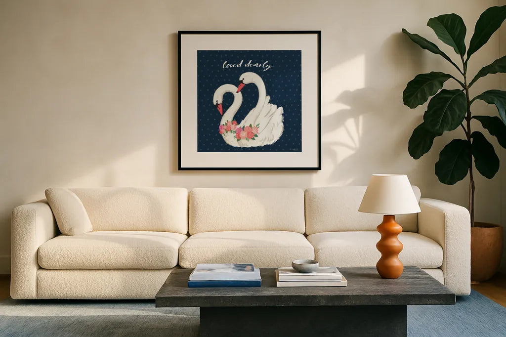Swan Lake VI Loved by Janelle Penner. Displayed in a glass frame with matte in a clean modern living room. Available as an archival giclee rolled canvas, fine art paper, or poster print. SKU 52515a.