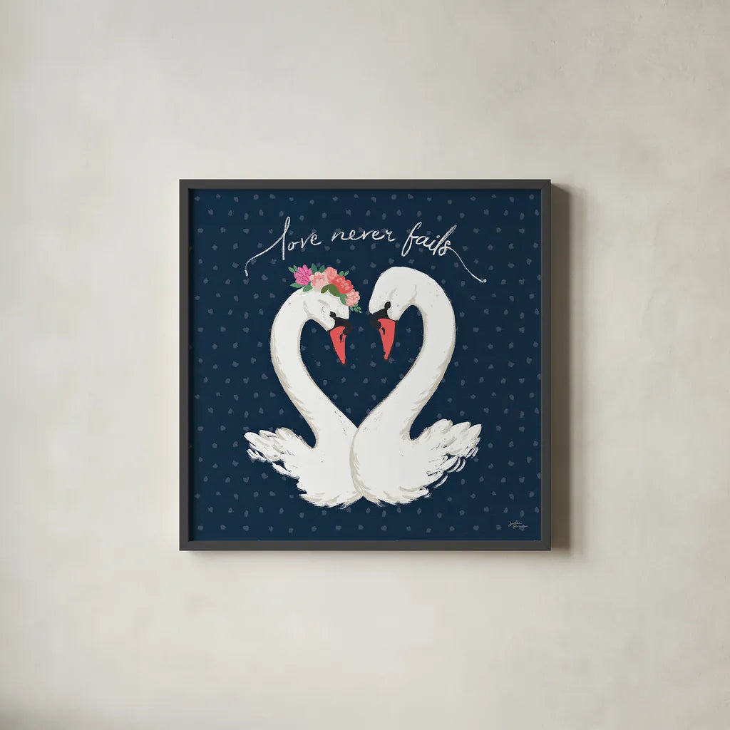 Swan Lake VII by Janelle Penner. Shown in a sleek black glass frame for a contemporary gallery look. Available as an archival giclee rolled canvas, fine art paper, or poster print. SKU 39234a.