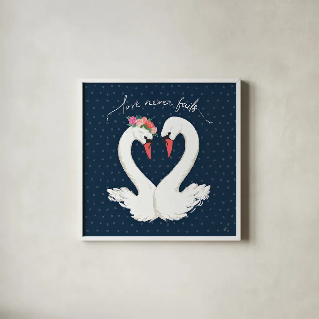 Swan Lake VII by Janelle Penner. Shown in a crisp white glass frame for a clean and minimalist style. Available as an archival giclee rolled canvas, fine art paper, or poster print. SKU 39234a.