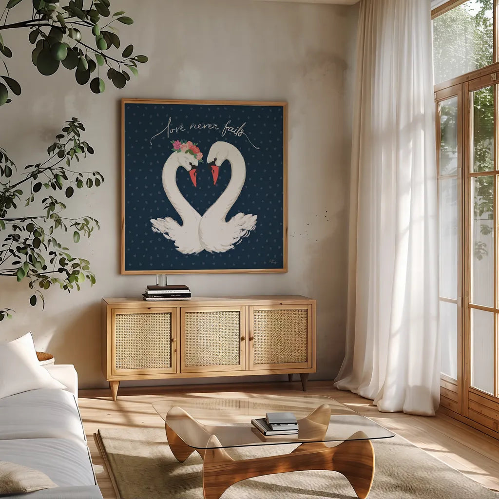 Swan Lake VII by Janelle Penner. Shown in a natural wood frame in a cozy modern living room. Available as an archival giclee rolled canvas, fine art paper, or poster print. SKU 39234a.