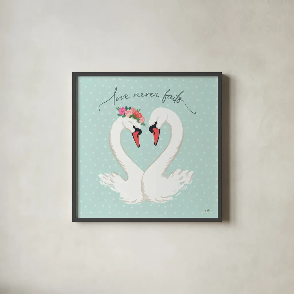 Swan Lake VII Mint by Janelle Penner. Shown in a sleek black glass frame for a contemporary gallery look. Available as an archival giclee rolled canvas, fine art paper, or poster print. SKU 39241a.