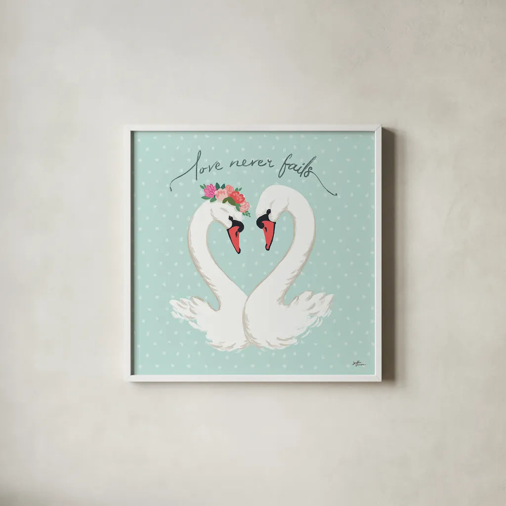 Swan Lake VII Mint by Janelle Penner. Shown in a crisp white glass frame for a clean and minimalist style. Available as an archival giclee rolled canvas, fine art paper, or poster print. SKU 39241a.