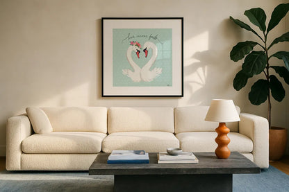 Swan Lake VII Mint by Janelle Penner. Displayed in a glass frame with matte in a clean modern living room. Available as an archival giclee rolled canvas, fine art paper, or poster print. SKU 39241a.