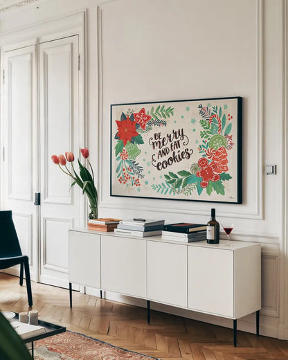 Sweet Christmas I by Janelle Penner. shown as a framed stretched canvas in a living room above a console. Available as a archival giclee rolled canvas, fine art paper, or poster print. SKU 51589i.