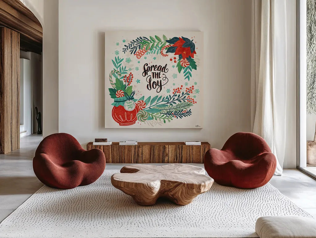 Sweet Christmas II by Janelle Penner. Shown as extra-large giant wall art in a modern living room. Available as an archival giclee rolled canvas, fine art paper, or poster print. SKU 51590a.