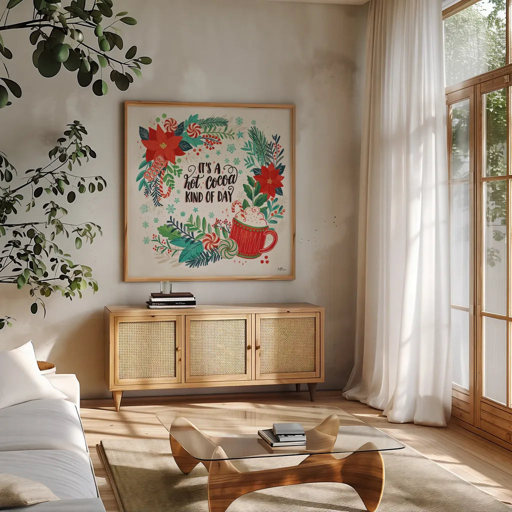 Sweet Christmas V by Janelle Penner. Shown in a natural wood frame in a cozy modern living room. Available as an archival giclee rolled canvas, fine art paper, or poster print. SKU 51593a.