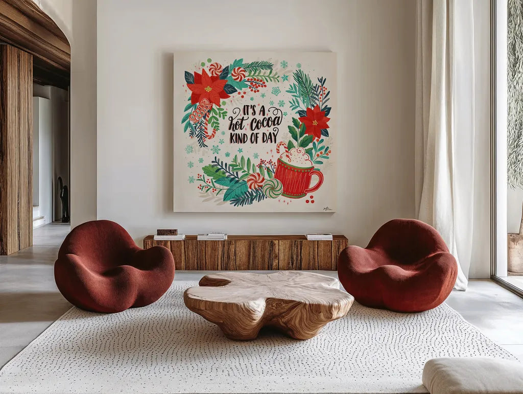 Sweet Christmas V by Janelle Penner. Shown as extra-large giant wall art in a modern living room. Available as an archival giclee rolled canvas, fine art paper, or poster print. SKU 51593a.