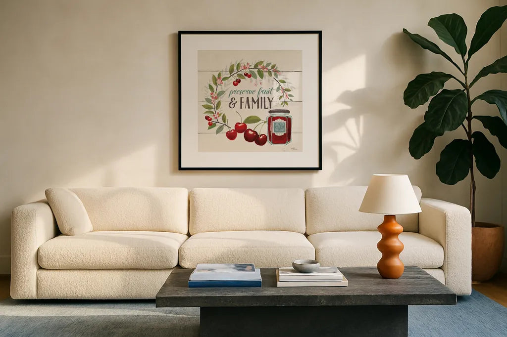 Sweet Life III by Janelle Penner. Displayed in a glass frame with matte in a clean modern living room. Available as an archival giclee rolled canvas, fine art paper, or poster print. SKU 30911a.