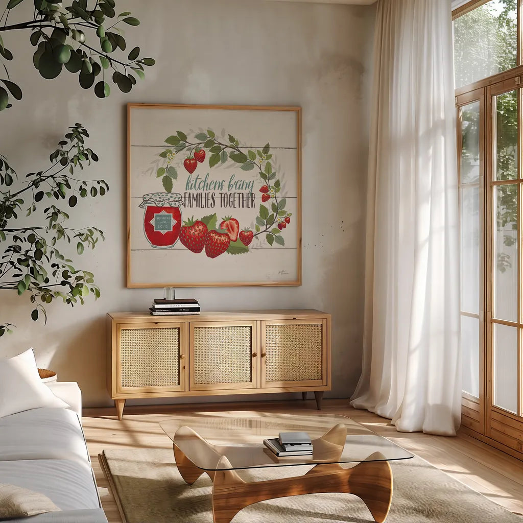 Sweet Life IV by Janelle Penner. Shown in a natural wood frame in a cozy modern living room. Available as an archival giclee rolled canvas, fine art paper, or poster print. SKU 30912a.