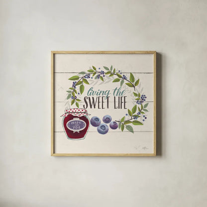Sweet Life V by Janelle Penner. Shown in a natural wood glass frame for a timeless modern aesthetic. Available as an archival giclee rolled canvas, fine art paper, or poster print. SKU 30913a.