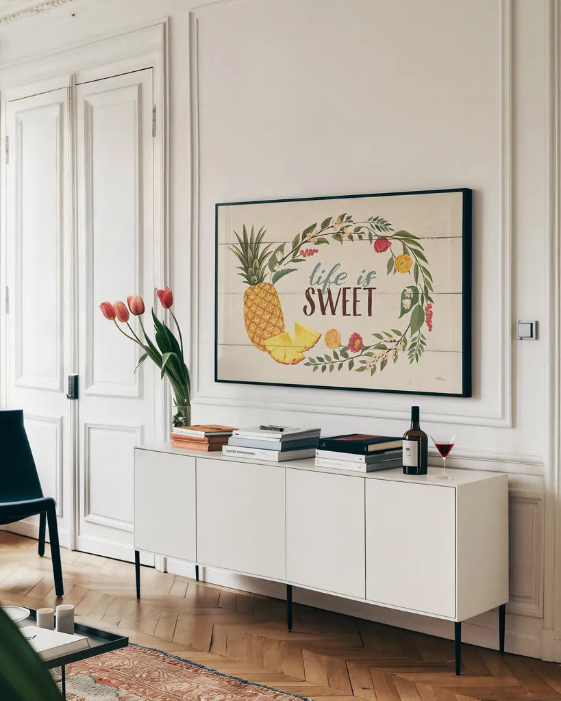 Sweet Life X by Janelle Penner. shown as a framed stretched canvas in a living room above a console. Available as a archival giclee rolled canvas, fine art paper, or poster print. SKU 35903i.