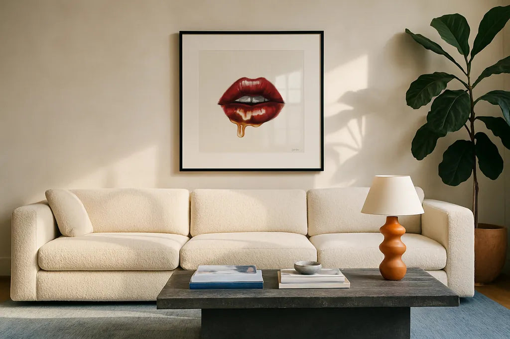 Sweets I by Janelle Penner. Displayed in a glass frame with matte in a clean modern living room. Available as an archival giclee rolled canvas, fine art paper, or poster print. SKU 67635a.