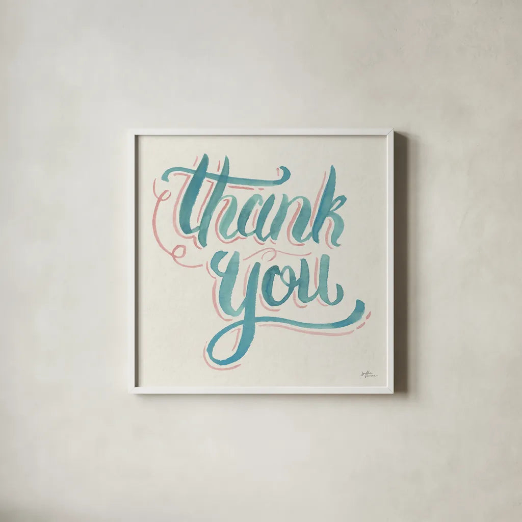 Thank You I by Janelle Penner. Shown in a crisp white glass frame for a clean and minimalist style. Available as an archival giclee rolled canvas, fine art paper, or poster print. SKU 60834a.
