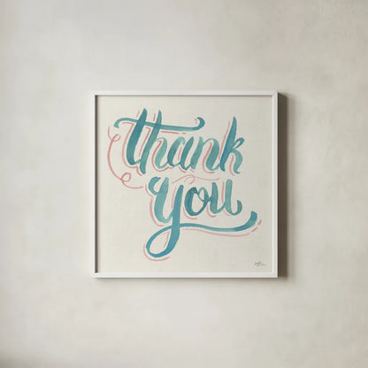 Thank You I by Janelle Penner. Shown in a crisp white glass frame for a clean and minimalist style. Available as an archival giclee rolled canvas, fine art paper, or poster print. SKU 60834a.