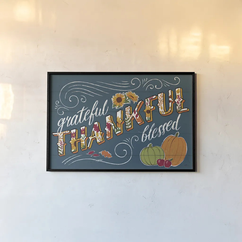 Thankful I Blue by Janelle Penner. shown as a paper print in a black flame. Available as a archival giclee rolled canvas, fine art paper, or poster print. SKU 43098i.