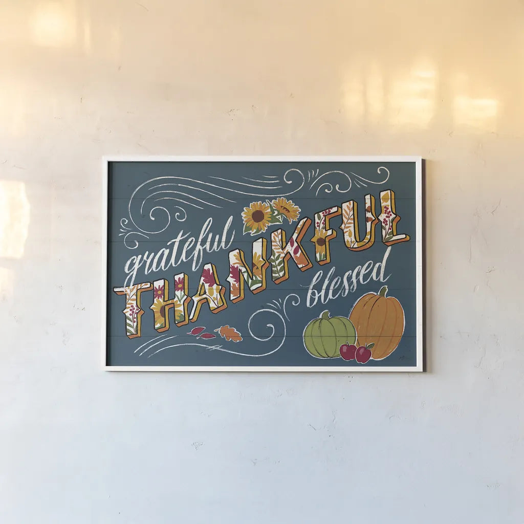 Thankful I Blue by Janelle Penner. shown as a paper print in a white frame. Available as a archival giclee rolled canvas, fine art paper, or poster print. SKU 43098i.
