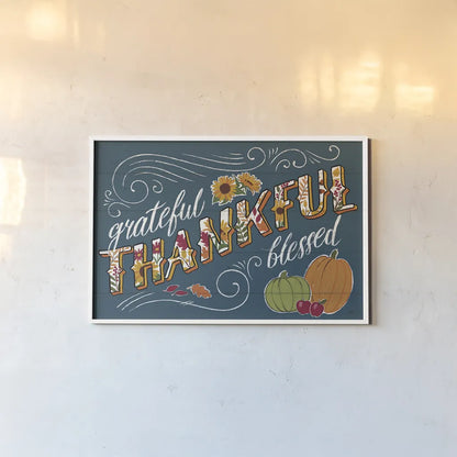 Thankful I Blue by Janelle Penner. shown as a paper print in a white frame. Available as a archival giclee rolled canvas, fine art paper, or poster print. SKU 43098i.