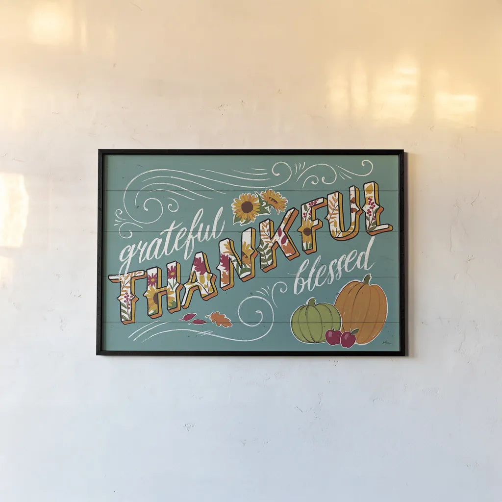 Thankful I Turquoise by Janelle Penner. shown as a paper print in a black flame. Available as a archival giclee rolled canvas, fine art paper, or poster print. SKU 43103i.
