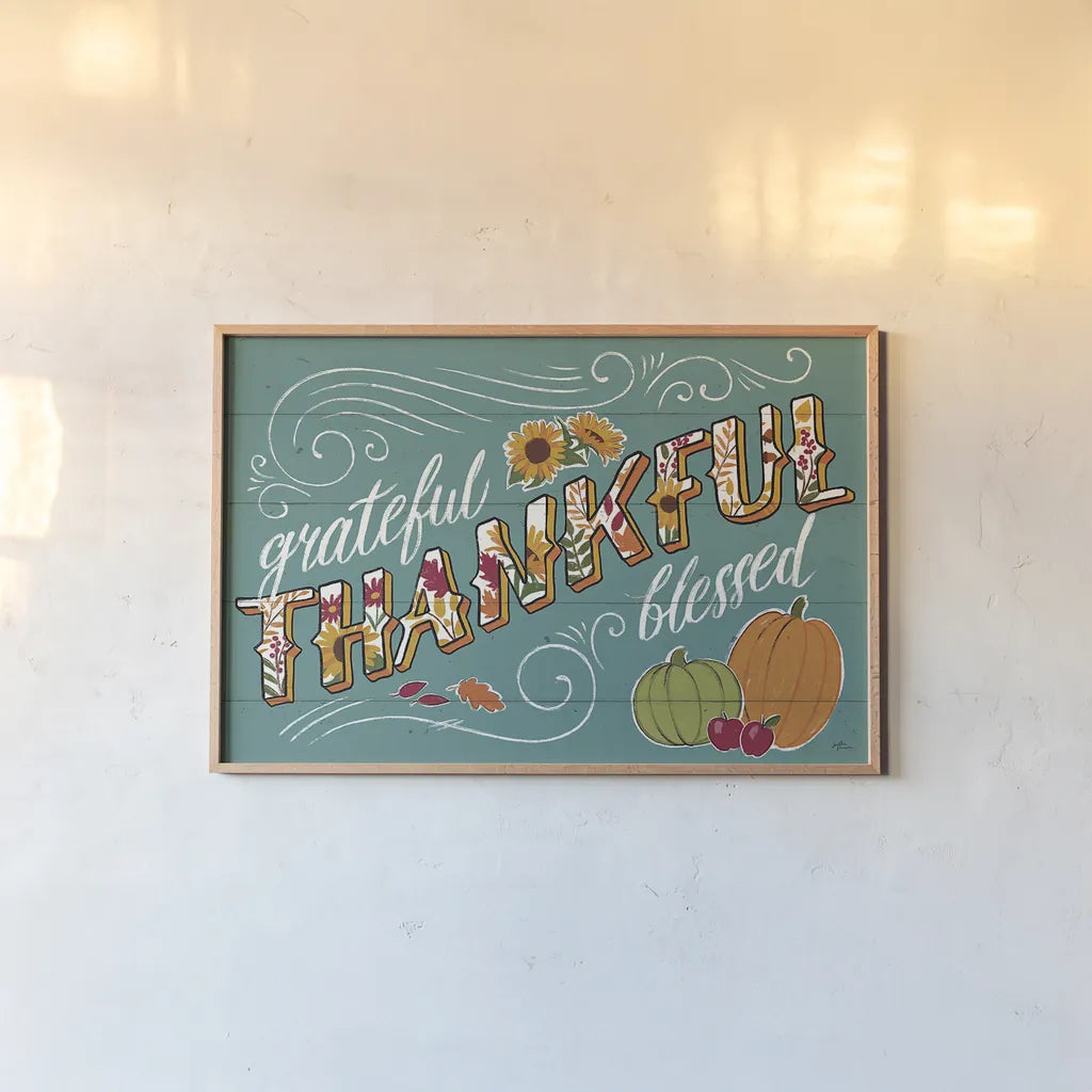 Thankful I Turquoise by Janelle Penner. shown as a paper print in a natural frame. Available as a archival giclee rolled canvas, fine art paper, or poster print. SKU 43103i.