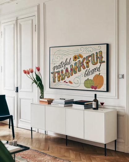 Thankful I White by Janelle Penner. shown as a framed stretched canvas in a living room above a console. Available as a archival giclee rolled canvas, fine art paper, or poster print. SKU 43108i.