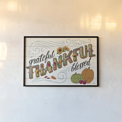 Thankful I White by Janelle Penner. shown as a paper print in a black flame. Available as a archival giclee rolled canvas, fine art paper, or poster print. SKU 43108i.