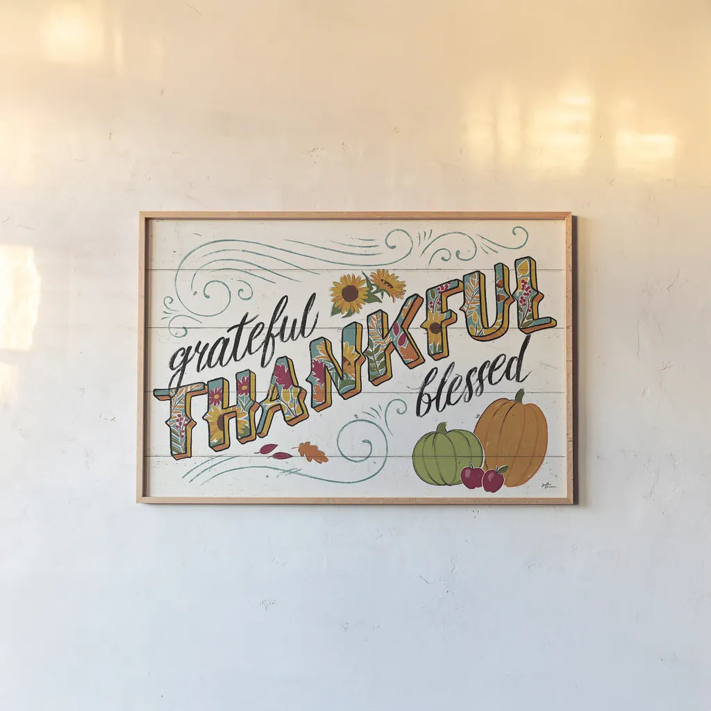 Thankful I White by Janelle Penner. shown as a paper print in a natural frame. Available as a archival giclee rolled canvas, fine art paper, or poster print. SKU 43108i.