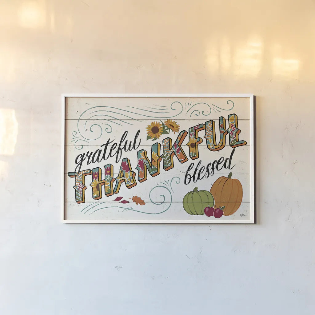 Thankful I White by Janelle Penner. shown as a paper print in a white frame. Available as a archival giclee rolled canvas, fine art paper, or poster print. SKU 43108i.