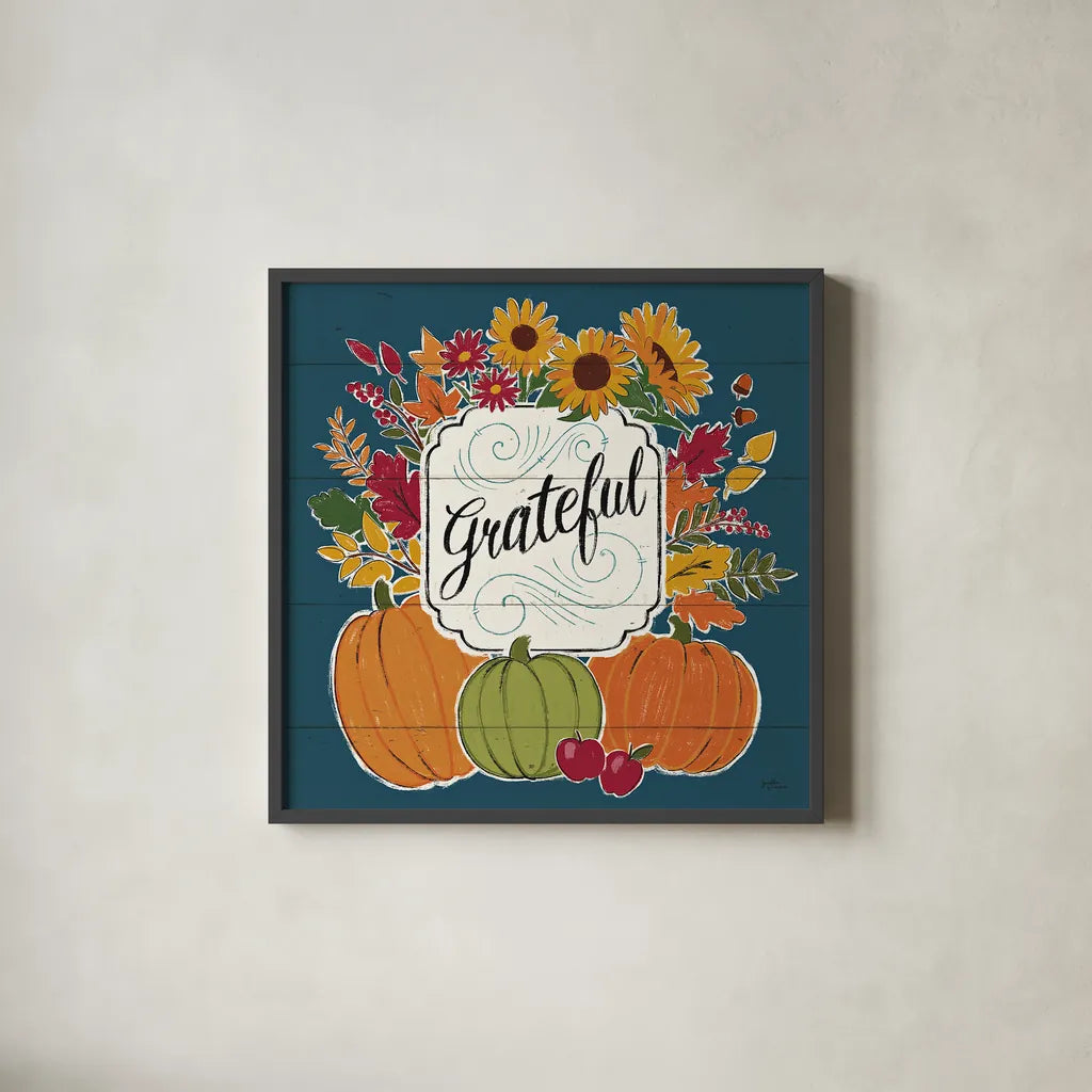 Thankful II Blue by Janelle Penner. Shown in a sleek black glass frame for a contemporary gallery look. Available as an archival giclee rolled canvas, fine art paper, or poster print. SKU 43099a.