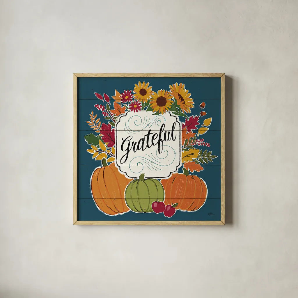 Thankful II Blue by Janelle Penner. Shown in a natural wood glass frame for a timeless modern aesthetic. Available as an archival giclee rolled canvas, fine art paper, or poster print. SKU 43099a.