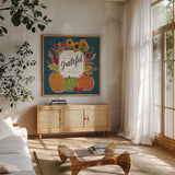 Thankful II Blue by Janelle Penner. Shown in a natural wood frame in a cozy modern living room. Available as an archival giclee rolled canvas, fine art paper, or poster print. SKU 43099a.